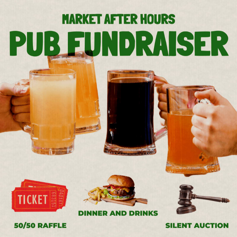 Four hands clink beer mugs in the center against a light background, with text and icons for a fundraiser, dinner, raffle, and auction surrounding them.