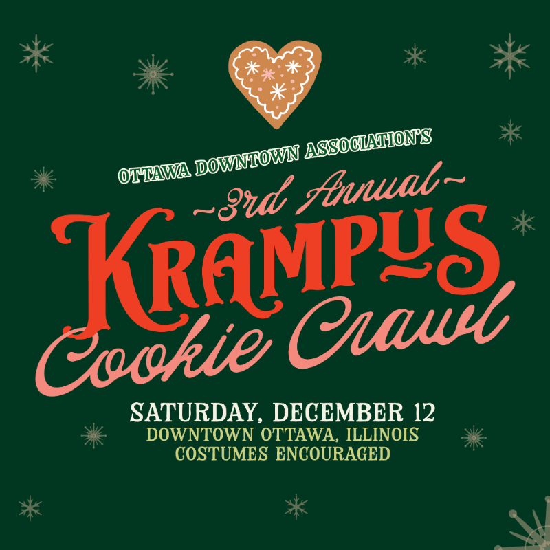 Red and pink text announcing the "3rd Annual Krampus Cookie Crawl" sits in the foreground against a dark green background decorated with a heart-shaped cookie and white snowflakes.