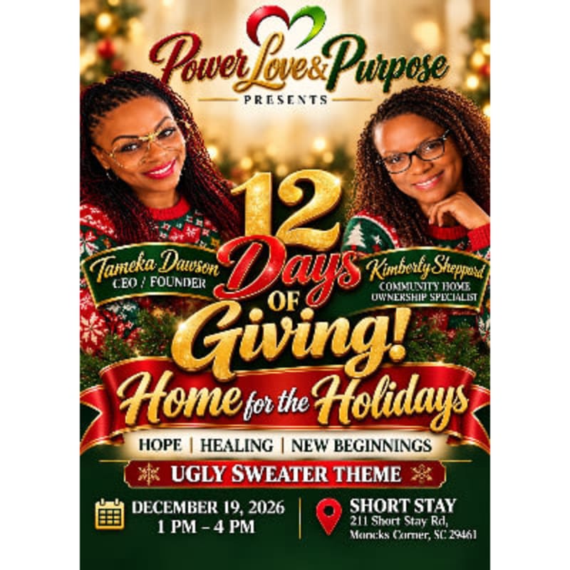 Two women in festive sweaters flank a "12 Days of Giving!" announcement set against a blurred, glowing Christmas tree background.