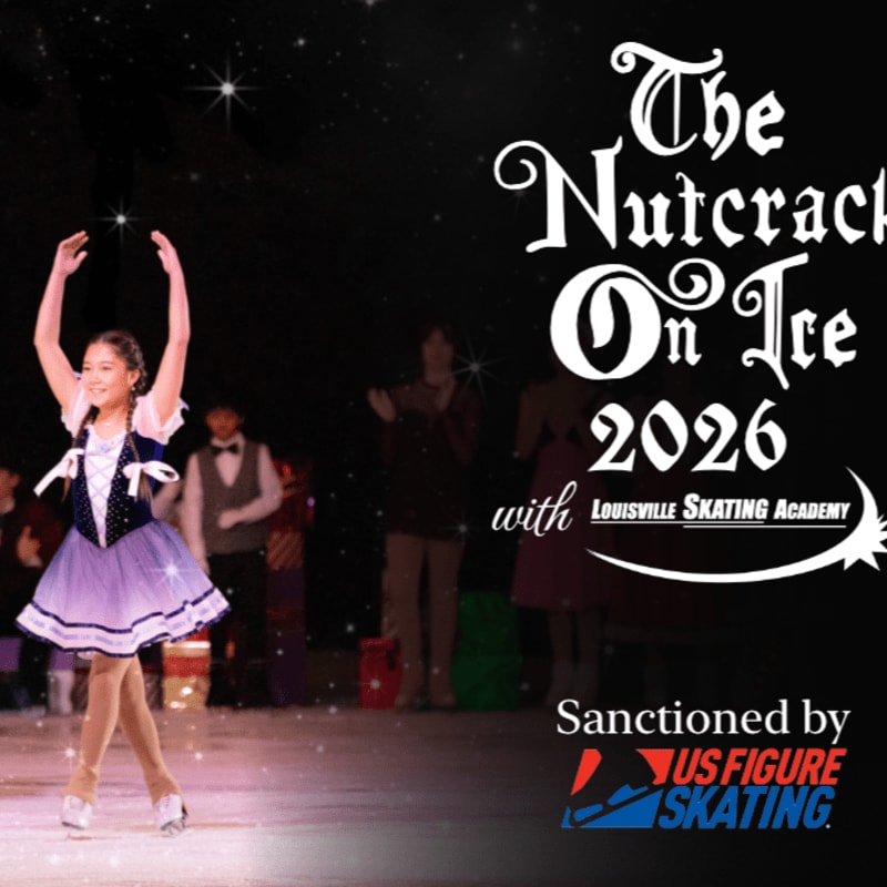 A young figure skater in a purple and white dress performs on ice in the foreground, with other skaters and a dark, starry background behind her.
