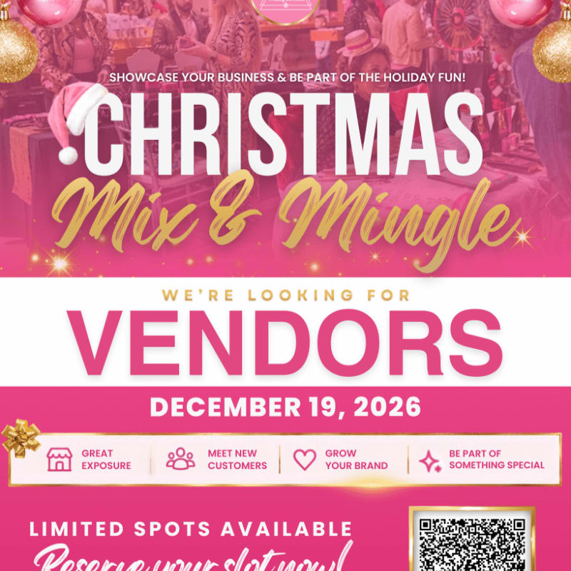 Bold pink and gold text advertising a "Christmas Mix & Mingle" vendor call sits atop a festive background of holiday decorations and people.
