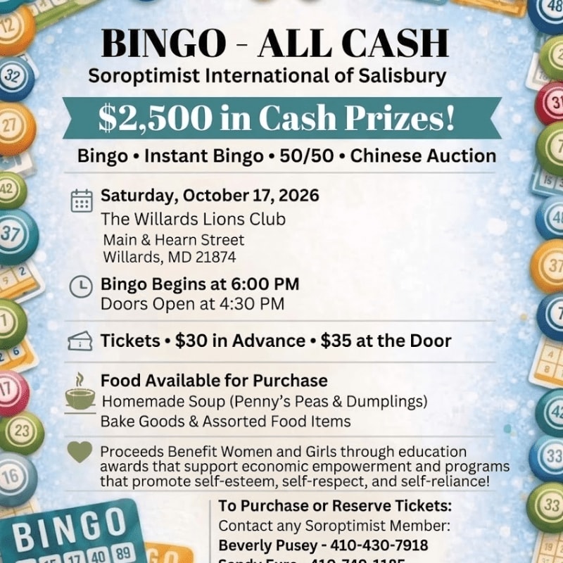 A bingo event flyer with black and blue text on a white background is framed by colorful bingo balls and numbers.