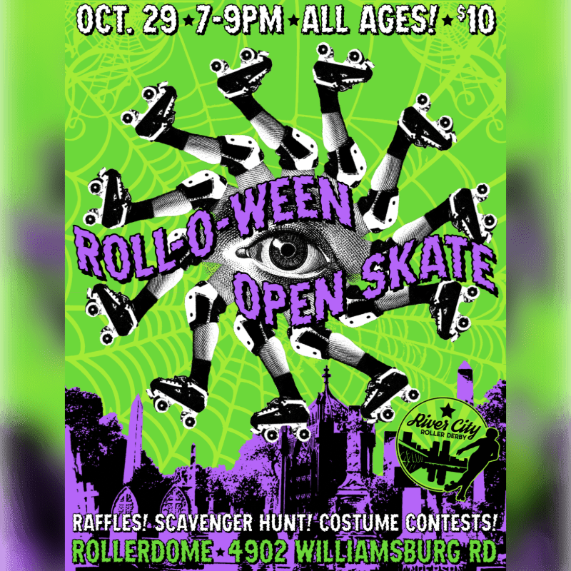 A surreal flyer for a "Roll-O-Ween Open Skate" event features a central eye surrounded by radiating legs in roller skates against a bright green background with a dark gothic cityscape at the bottom.