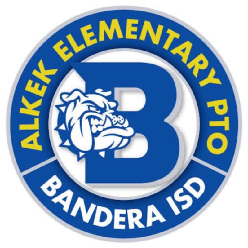 A blue and yellow circular logo with a bulldog mascot and the words "Alkek Elementary PTO Bandera ISD" is displayed against a white background.