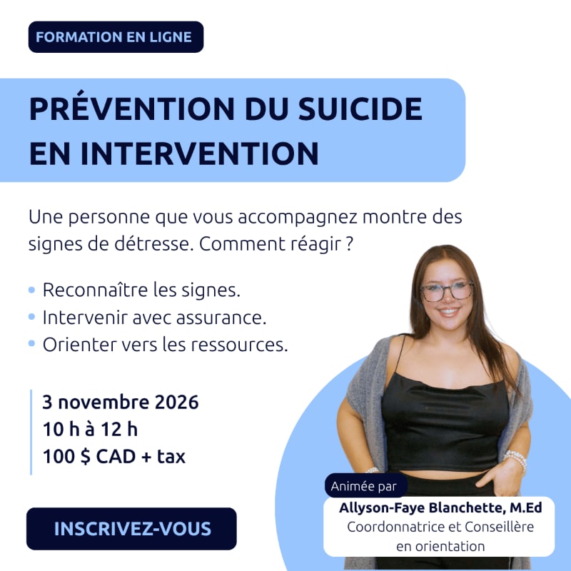 A smiling woman in a black top and grey cardigan stands in the foreground against a light-colored background featuring blue text boxes and promotional information for a suicide prevention online course.