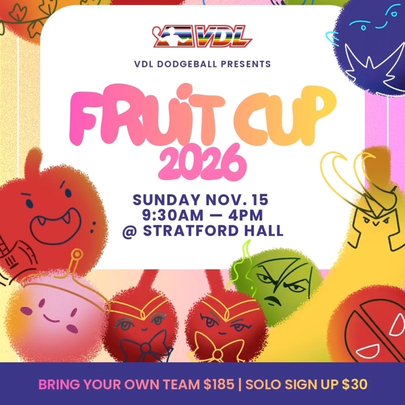 Colorful cartoon fruit characters surround a white central announcement for the "Fruit Cup 2026" dodgeball event against a bright, multi-colored background.