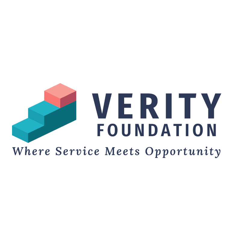 A logo featuring a blue and red stepped graphic and the text "VERITY FOUNDATION Where Service Meets Opportunity" set against a plain white background.