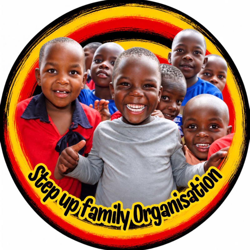 A group of smiling children is positioned in the foreground against a background of concentric red and yellow circles, with the text "Step up family Organisation" curving along the bottom.