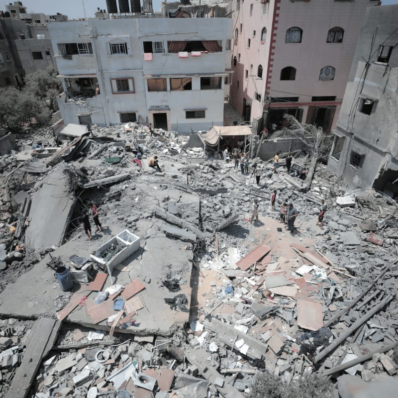 Destroyed buildings and rubble in a city