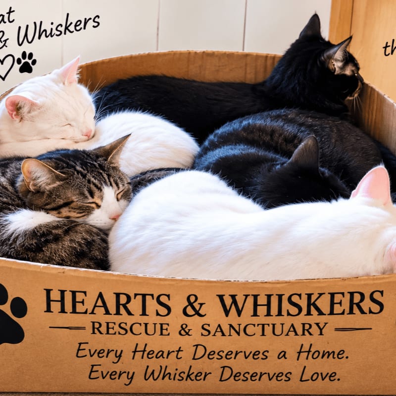 Four cats of various colors sleep huddled together inside a cardboard box labeled "Hearts & Whiskers Rescue & Sanctuary" against a plain white wall.