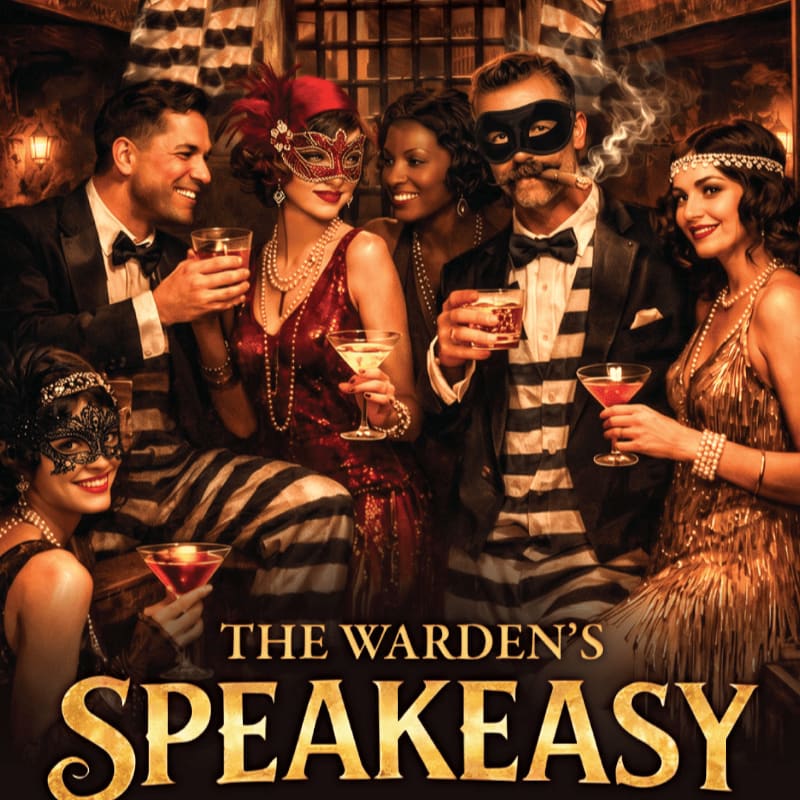 A group of glamorous people in 1920s attire and masks hold cocktails in the foreground, set against a dimly lit room with prison-style bars in the background.
