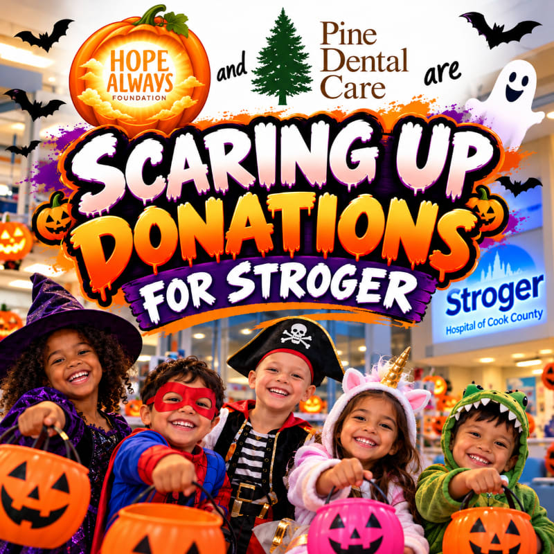 Smiling children in Halloween costumes hold pumpkin buckets in the foreground, set against a background featuring a promotional graphic for a donation drive and a hospital setting.