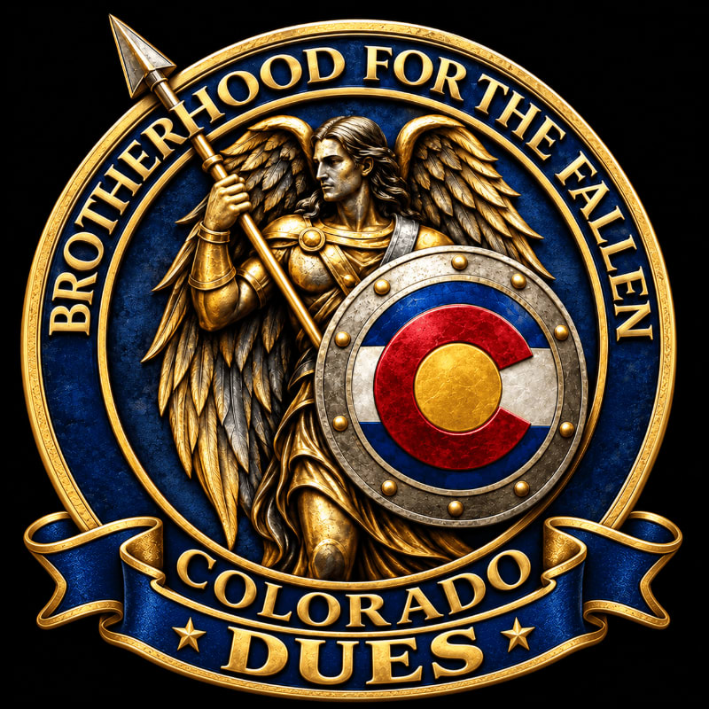 A golden winged warrior holding a spear and a Colorado-themed shield is centered within a blue circular emblem against a solid black background.