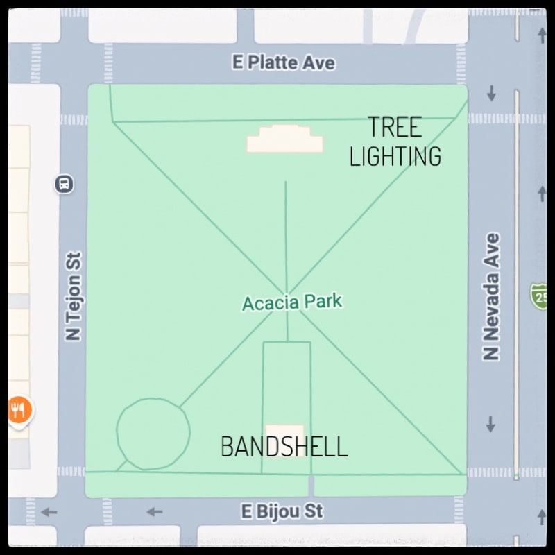 A map of Acacia Park is centered in the foreground, surrounded by E Platte Ave, E Bijou St, N Tejon St, and N Nevada Ave in the background.