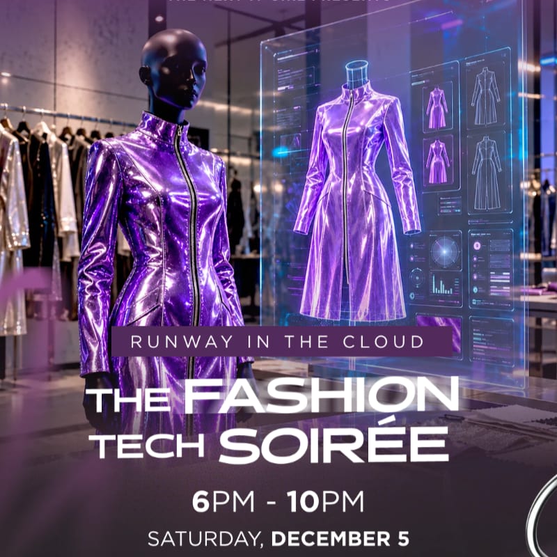 A mannequin in a metallic purple dress stands in the foreground of a clothing store, with a holographic display of the garment appearing in the background.