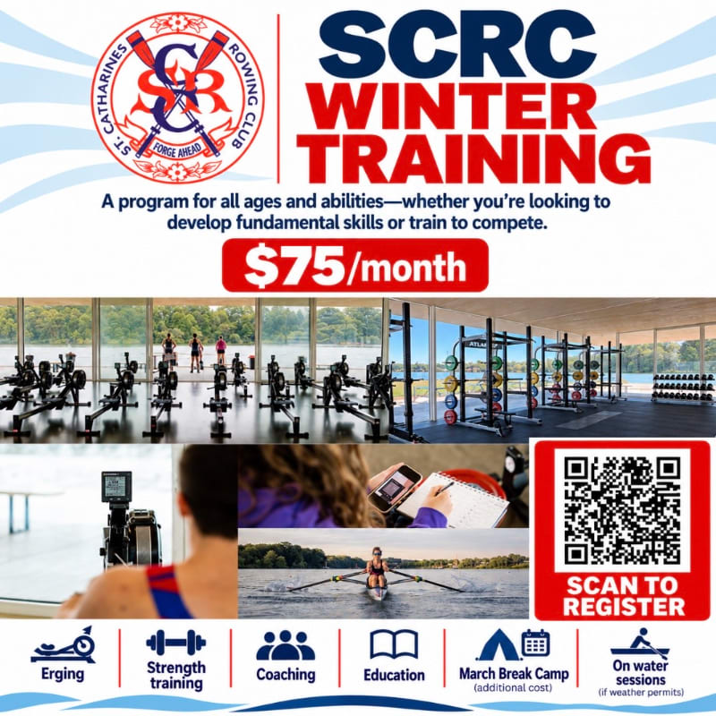 An advertisement for SCRC Winter Training features promotional text and pricing in the foreground, with photos of rowing equipment and a rower on the water in the background.