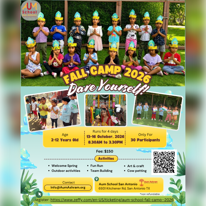 A colorful promotional flyer for "Fall Camp 2026" features children in traditional headgear in the foreground and a grassy outdoor setting with a fence in the background.