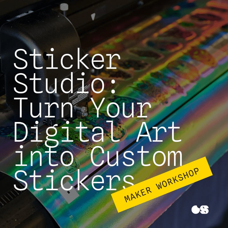 White text promoting a sticker studio workshop overlays a close-up of a cutting machine processing a sheet of colorful, holographic stickers.