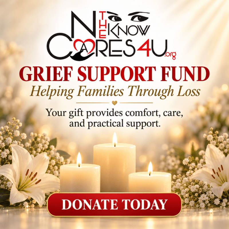 Three lit white candles and white lilies sit in the foreground against a soft, blurred golden background with text promoting a grief support fund.