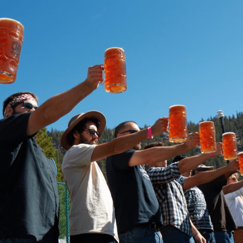 A group of men raise beer mugs in a toast against a backdrop of a clear blue sky and distant forested mountains.
