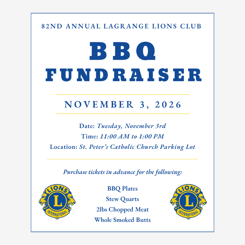 Blue text detailing a BBQ fundraiser for the Lagrange Lions Club is centered on a white background, framed by a thin blue border and flanked by two Lions Club logos at the bottom.