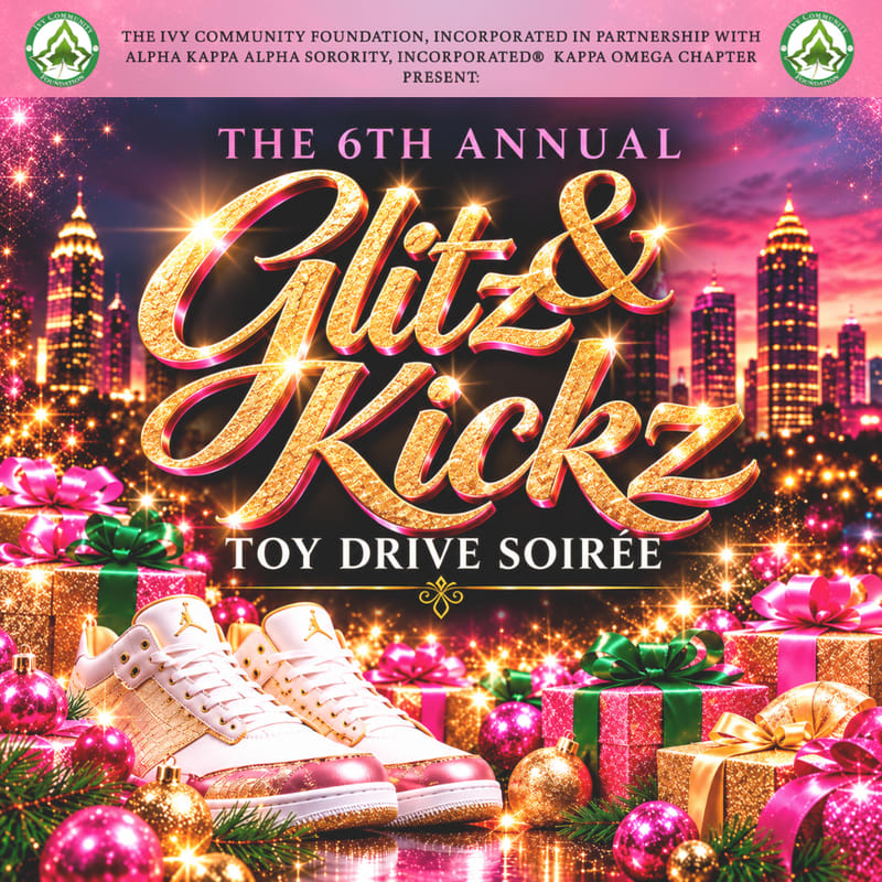 A pair of sparkling white and gold sneakers and colorful wrapped gifts sit in the foreground against a backdrop of a glowing city skyline and festive gold text.