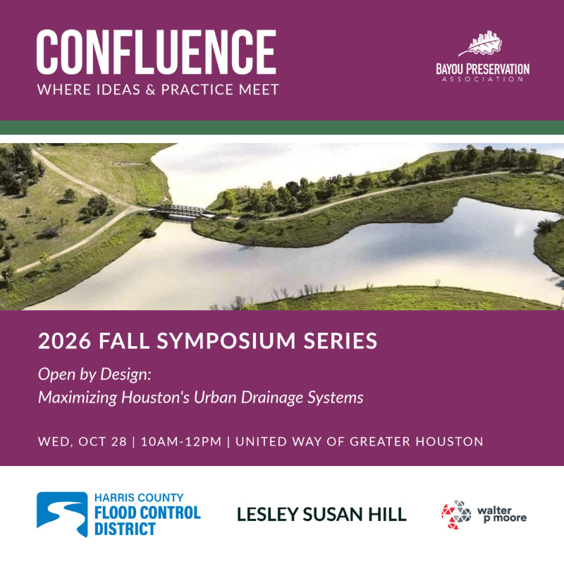 A promotional flyer for a 2026 symposium features a central landscape photo of a winding river and bridge set against purple text blocks and organizational logos.