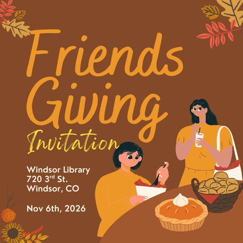 Two women stand behind a table of food in the foreground, set against a brown background featuring autumn leaves and "Friends Giving Invitation" text.