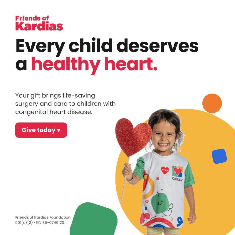 A smiling young girl holding a red heart-shaped prop stands in the foreground against a white background featuring bold text and colorful abstract shapes.