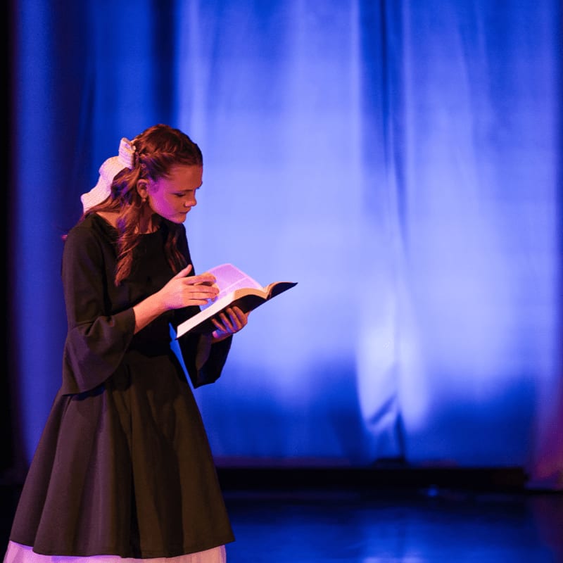 A young girl in a dark dress reads a book in the foreground against a backdrop of blue curtains.