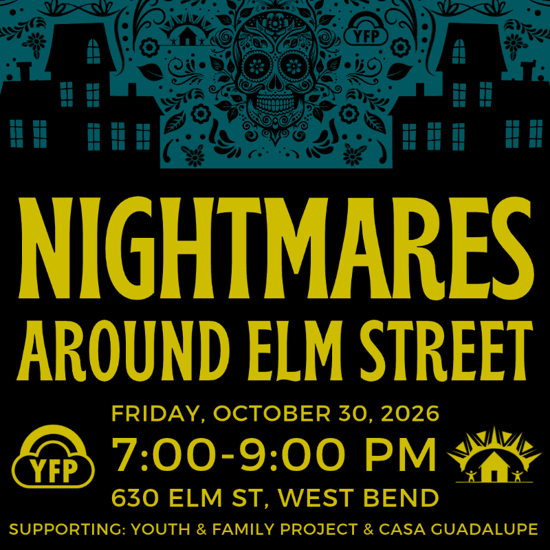 Yellow text announcing "Nightmares Around Elm Street" sits in the foreground against a background featuring black house silhouettes and a blue sugar skull pattern.