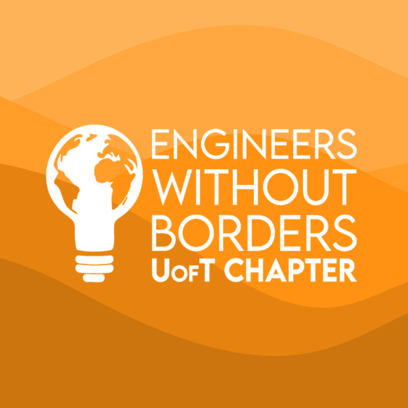 A white logo featuring a lightbulb-shaped globe and the text "ENGINEERS WITHOUT BORDERS UofT CHAPTER" is set against a background of flowing orange waves.