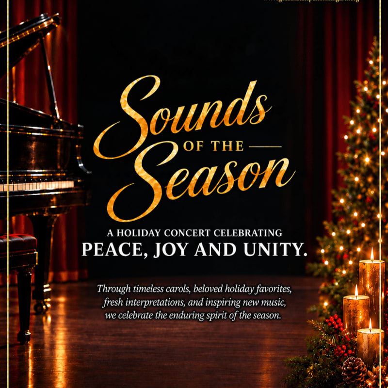 Golden text reading "Sounds of the Season" is superimposed over a blurred background of lit candles and bokeh lights, with a tagline above stating "A holiday concert celebrating peace, joy and unity."