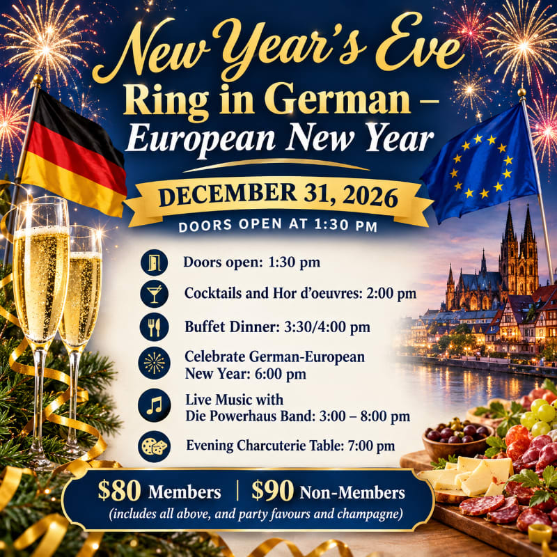 A New Year's Eve event flyer features champagne glasses and a charcuterie board in the foreground against a background of fireworks, flags, and a European cityscape.