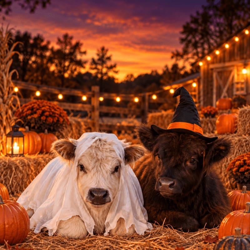 Two calves, one dressed as a ghost and the other wearing a witch's hat, sit among pumpkins in a farmyard under a vibrant orange sunset.