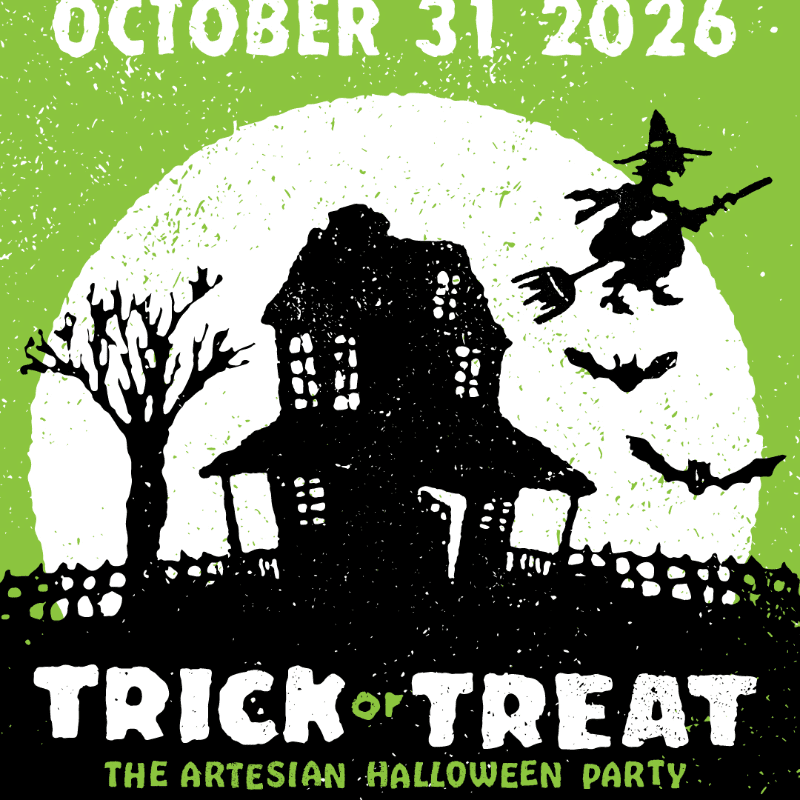 A black silhouette of a haunted house, a bare tree, and a witch on a broomstick are set against a large white moon and a bright green background.