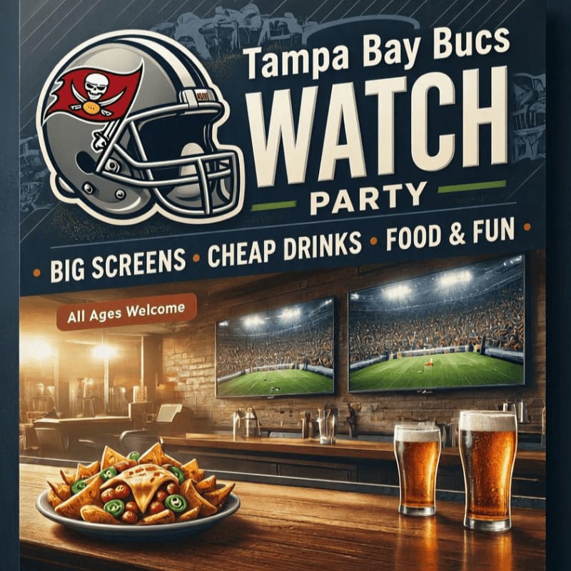 A plate of nachos and two glasses of beer sit on a wooden bar in the foreground, while large screens showing a football game hang on a brick wall in the background.