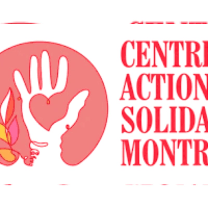 A red circular logo featuring a hand and heart sits in the foreground against a light gray background with red text reading "CENTRE ACTION SOLIDARITÉ MONTREAL".