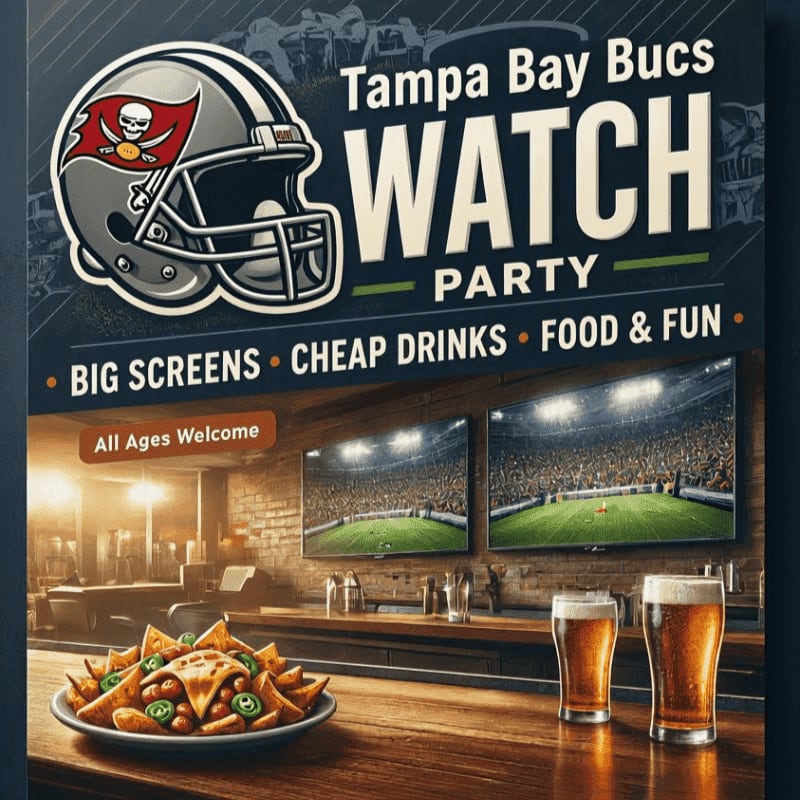 A plate of nachos and two glasses of beer sit on a wooden bar in the foreground, while large screens showing a football game hang on a brick wall in the background.