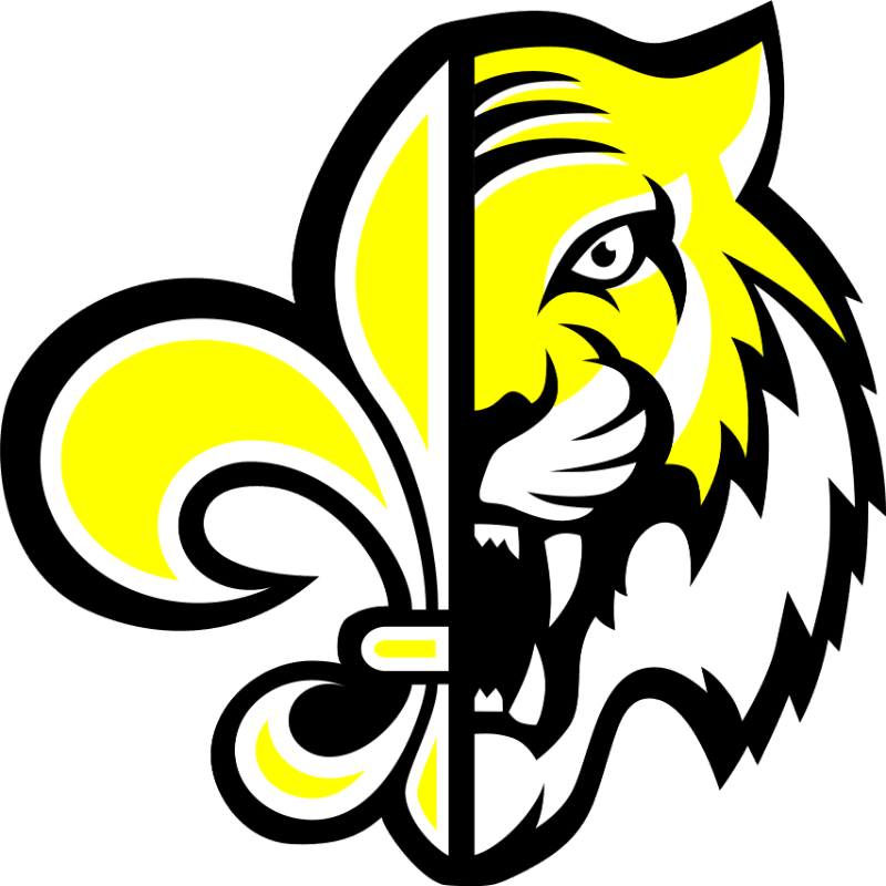 A yellow and black logo combining a fleur-de-lis and a tiger's face is set against a plain white background.