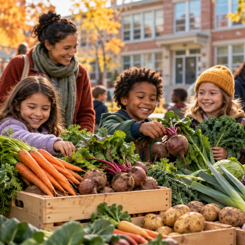A woman and three smiling children pick fresh vegetables from wooden crates at an outdoor market with autumn trees and buildings in the background.