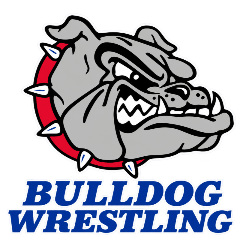 A grey bulldog wearing a red spiked collar is positioned above the blue text "BULLDOG WRESTLING" against a plain white background.