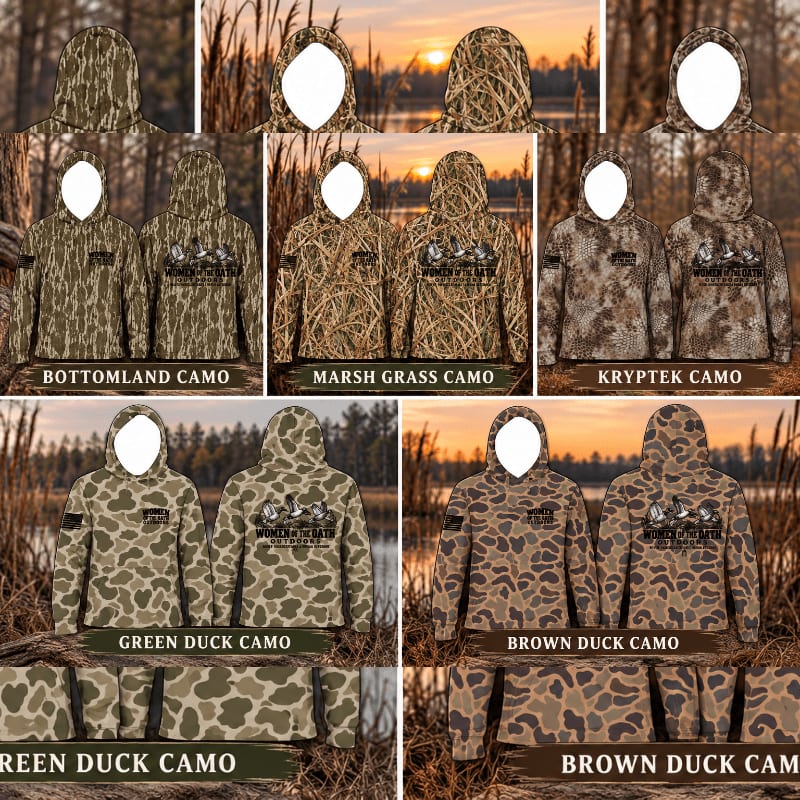 Various camouflage hoodies are displayed in the foreground against natural outdoor backgrounds of marshes and forests.