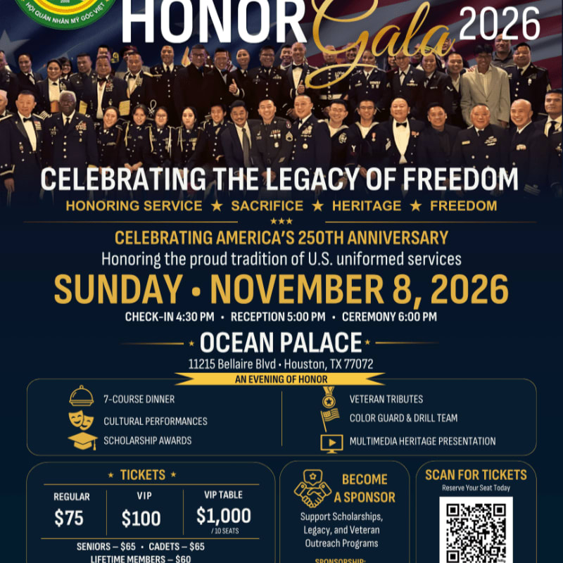 A group of military personnel in dress uniforms stands in the foreground of a gala invitation, set against a dark background with gold and white event details.