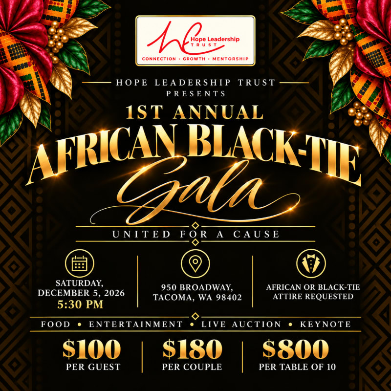 Gold and white text announcing the 1st Annual African Black-Tie Gala sits centered over a dark, patterned background framed by festive red and green holiday decorations.