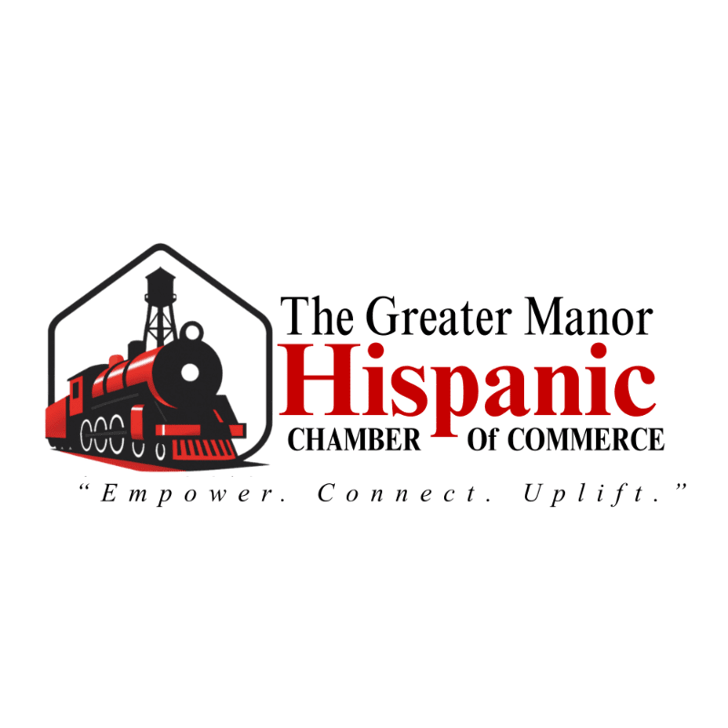 A logo featuring a red steam engine and a water tower inside a black outline, accompanied by the text "The Greater Manor Hispanic Chamber of Commerce" and the slogan "Empower. Connect. Uplift." against a plain white background.