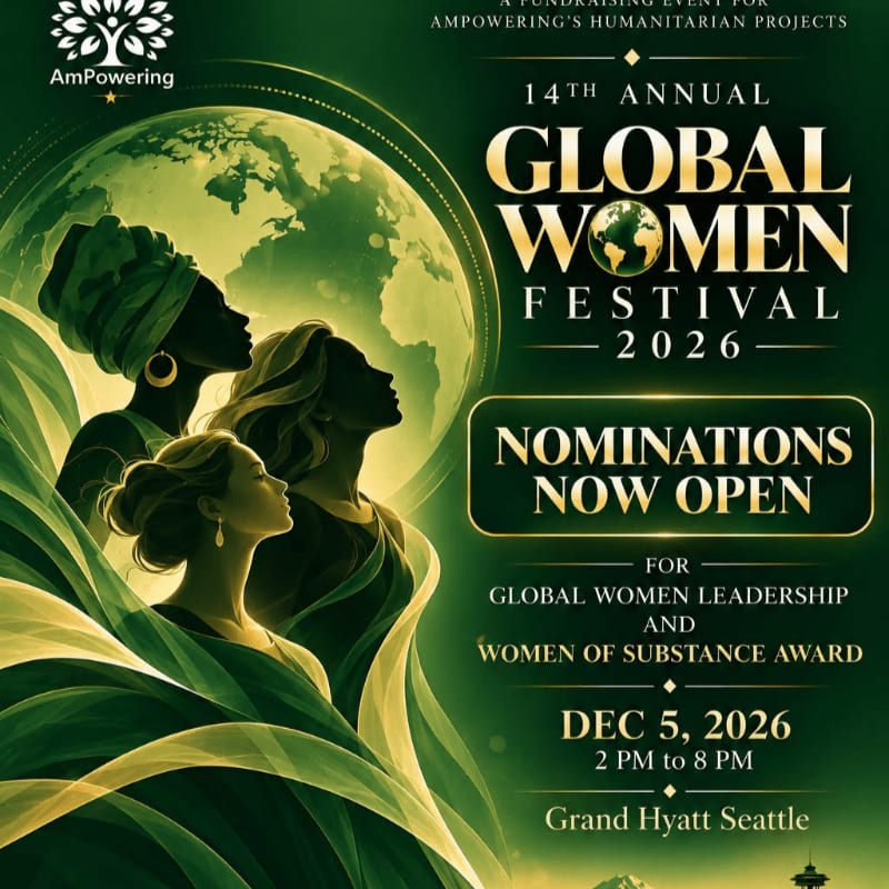 Three women's profiles are featured in the foreground against a background of a glowing green globe and event text for the 14th Annual Global Women Festival 2026.