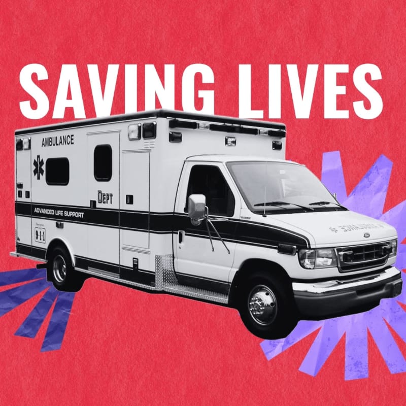 A white ambulance sits in the foreground against a red background featuring the text "SAVING LIVES" and purple starburst shapes.