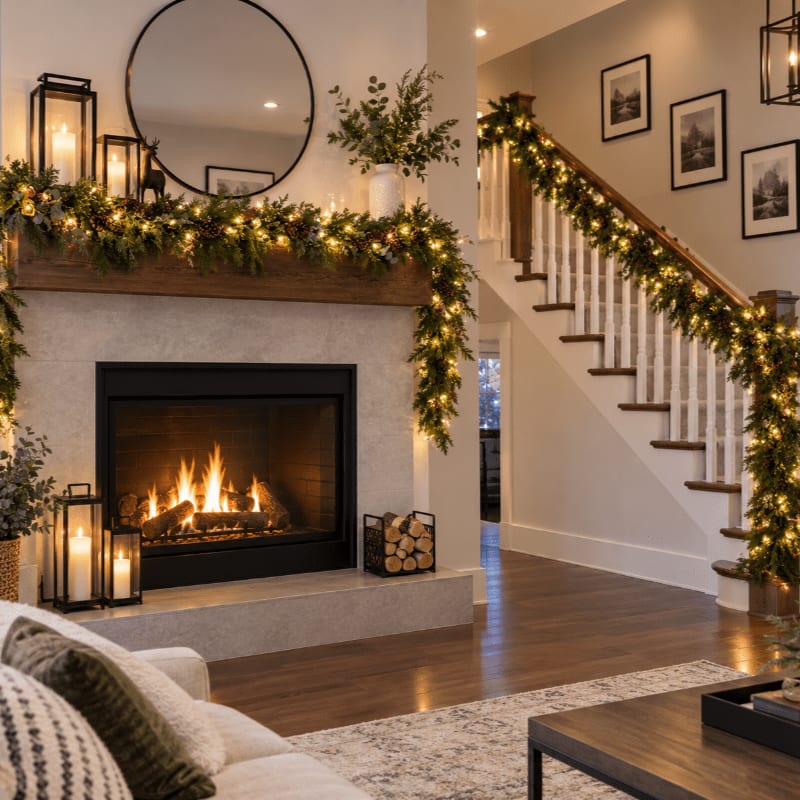 A cozy living room features a glowing fireplace and a white sofa in the foreground, with a festive garland-draped staircase and a round mirror in the background.
