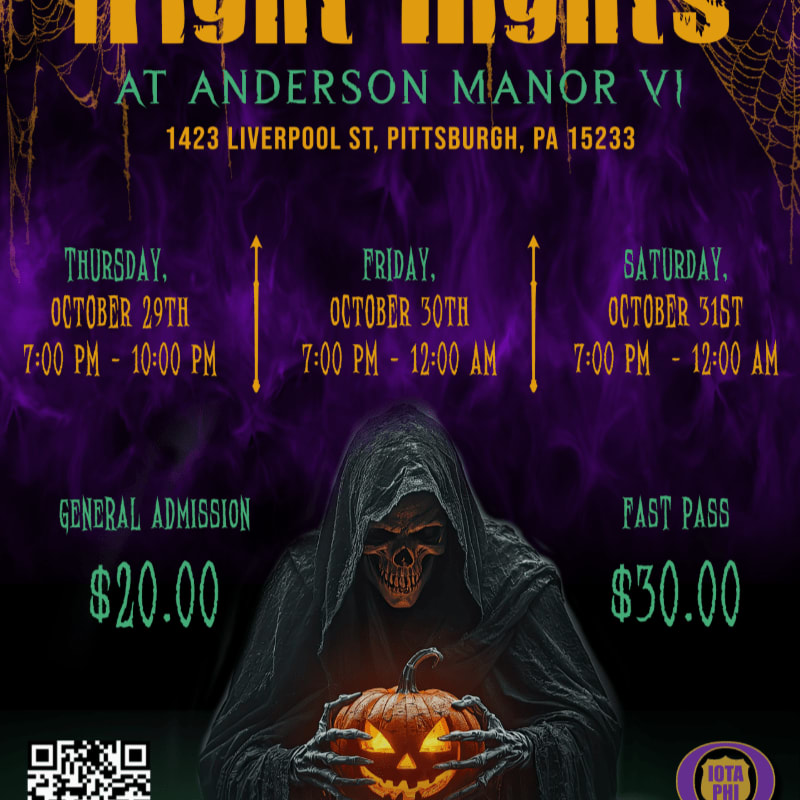 A hooded skeleton holding a glowing jack-o'-lantern sits in the foreground against a dark purple background featuring event details for "Fright Nights" at Anderson Manor VI.